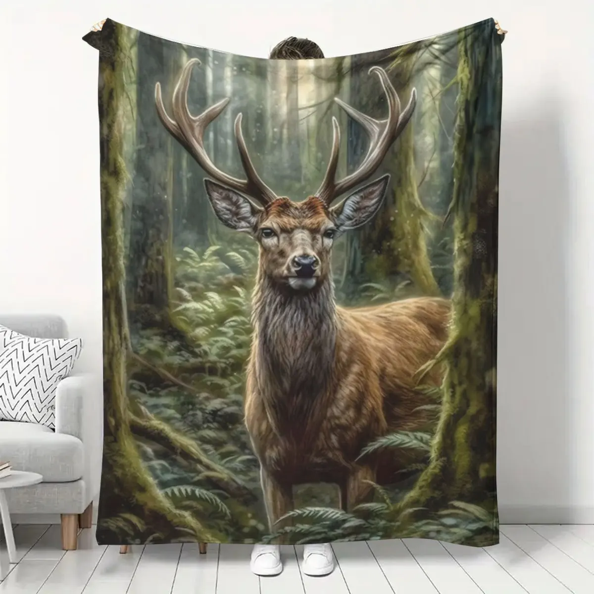 Forest Stag Flannel Throw Blanket Majestic Deer With Large Antlers In Misty Ancient Forest Vivid Wildlife Oil Painting Print