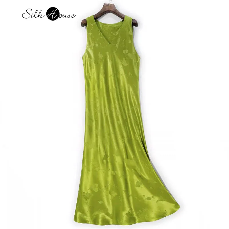 

High Quality Women's Fashion New 100% Natural Mulberry Silk V-neck Heavy Jacquard Sleeveless Oblique Cut Green Vest Dress