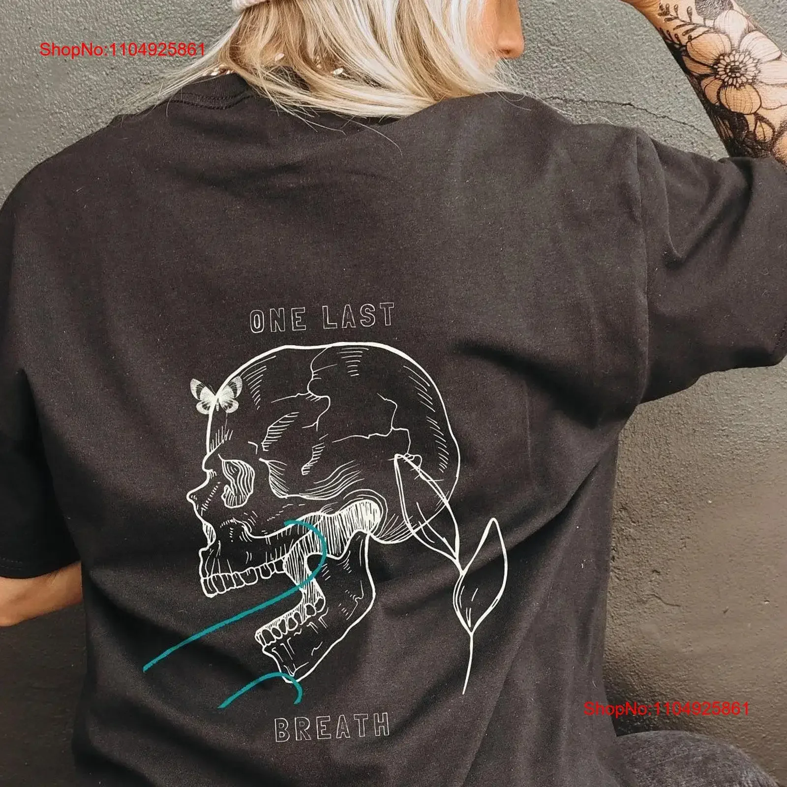 

Skull T Shirt One Last Breath Grunge Skeleton oversized gothic dark halloween style 5xl Lime Monday vintage Washed Casual