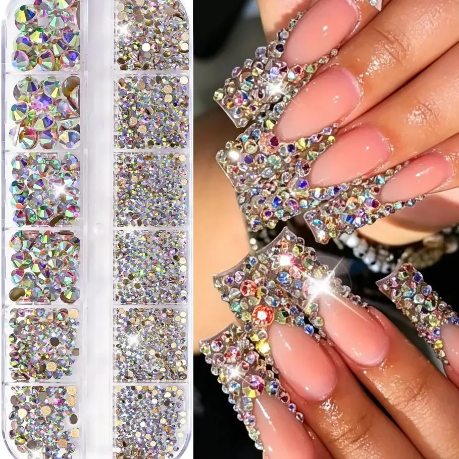 12grids 3D Flashy AB Round Crystal Nail Rhinestones SS4-SS30 Glass Diamond Nail Beads Charms 1.5-6mm FlatBack Nail Gemstones D8@