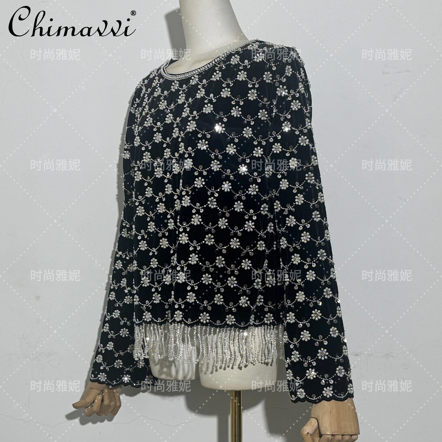 خريف شتاء جديد الثقيلة مطرز الترتر اللؤلؤ المرأة طويلة الأكمام تي شيرت موضة الجولة الرقبة شرابة المرحلة الفاخرة البلوز #3