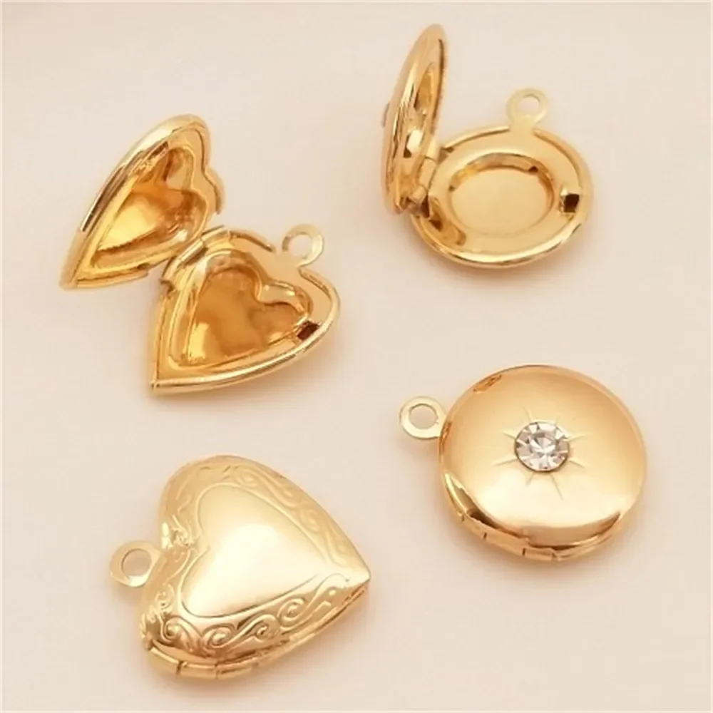 14K Gold Inlaid Zircon Circular Photo Box with Peach Heart Heart Heart Photo Frame Pendant DIY Necklace Jewelry Accessories K087