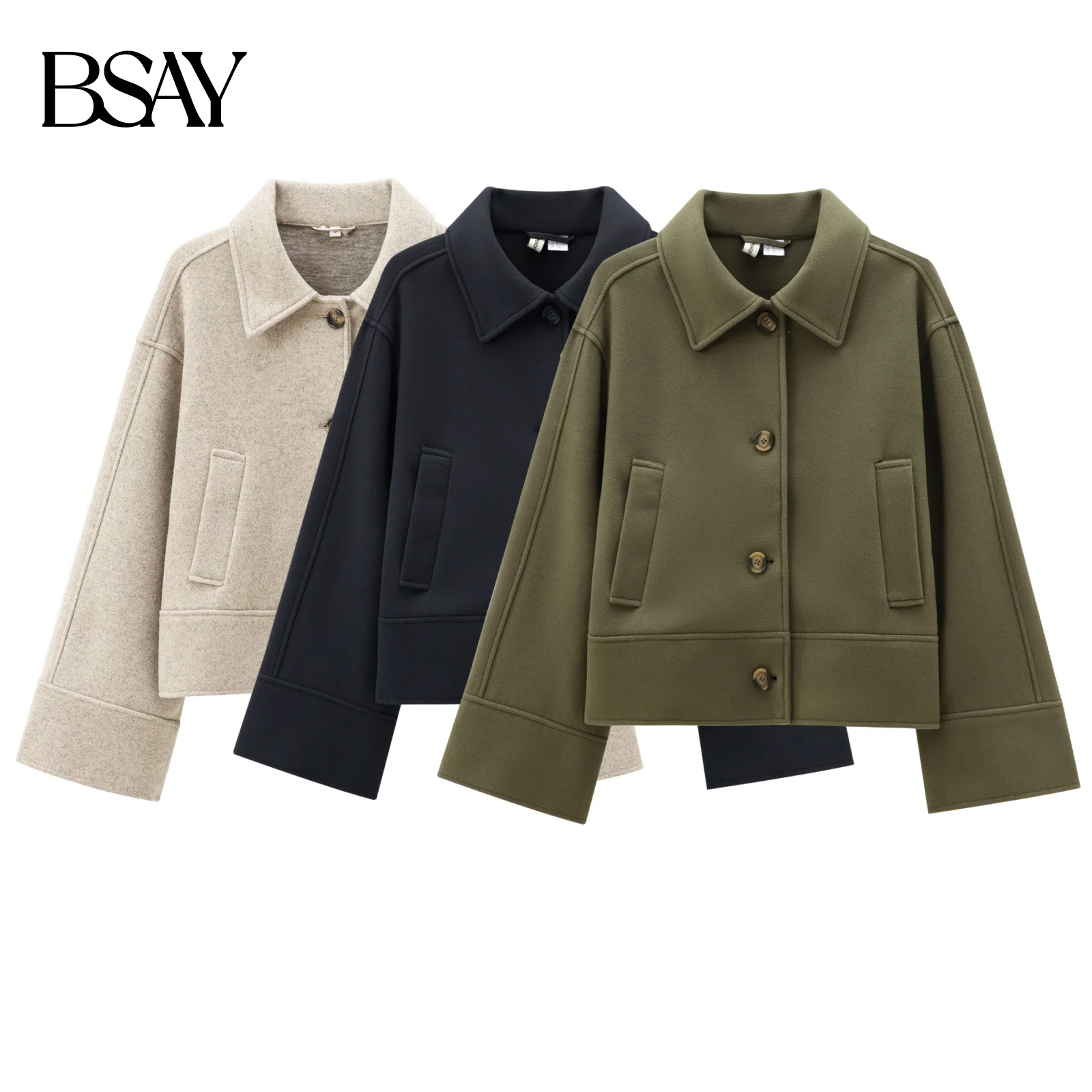 

BSAY женская модная зимняя новинка 2024, однотонная свободная куртка с длинными рукавами, однобортное короткое пальто с лацканами и карманами, шикарные женские топы