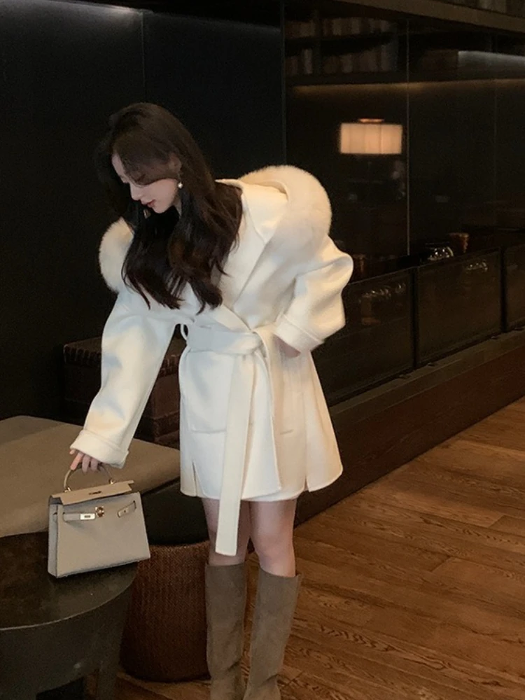 2025년 신상 가을 겨울 패션 후드 리얼 폭스 퍼 울 혼방 재킷 여성 상의 따뜻한 캐시미어 울 코트