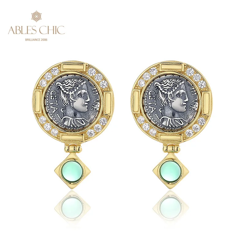 

Ables Chic Ancient Roman Diana Greek Coins Solid 925 Silver Roman Coin Natural Agate Stud Earrings E1019