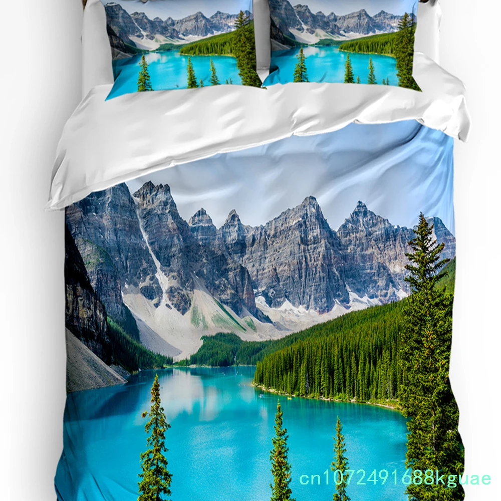 3pcs Bedding Set Canada Lake Landscape Rock Mountain Peaks Trees Duvet Cover Pillow Case Boy Kid Teen Girl Bedding Covers Set