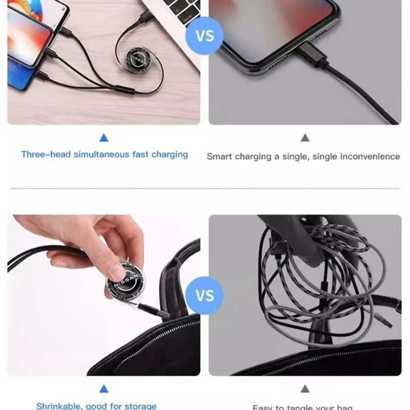 3 في 1 مايكرو USB نوع C كابل شحن شاحن متعدد لنيسان قاشقاي جوك بولسار سينترا ألتيما باترول ميكرا روج ألميرا فيرس