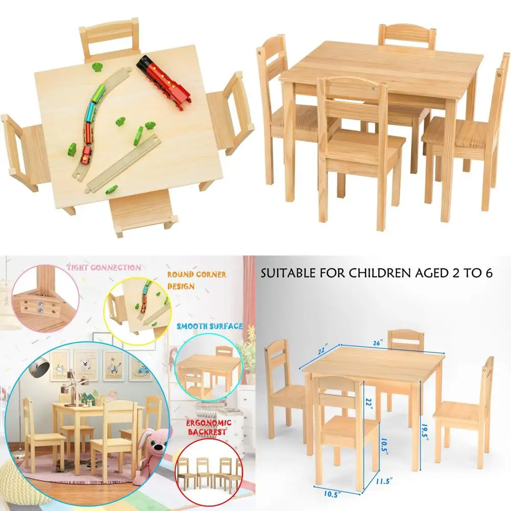 

Обеденный набор для малышей из 5 предметов из массива дерева со стульями, натуральная отделка, идеально подходит для детей от 2 до 6 лет