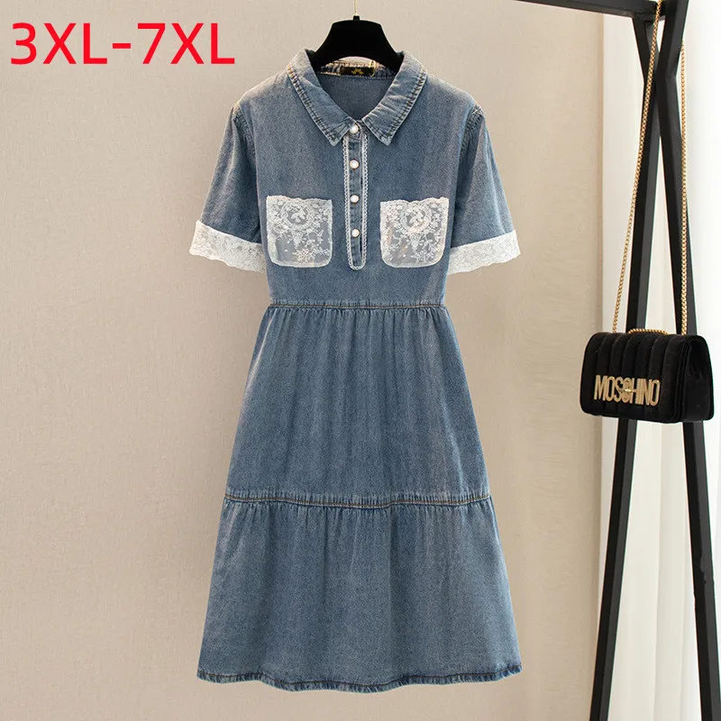 

New 2022 Summer Plus Size Jean Dress For Women Large Loose Short Sleeve Blue Lace Cotton Denim Midi Dress 3XL 4XL 5XL 6XL 7XL