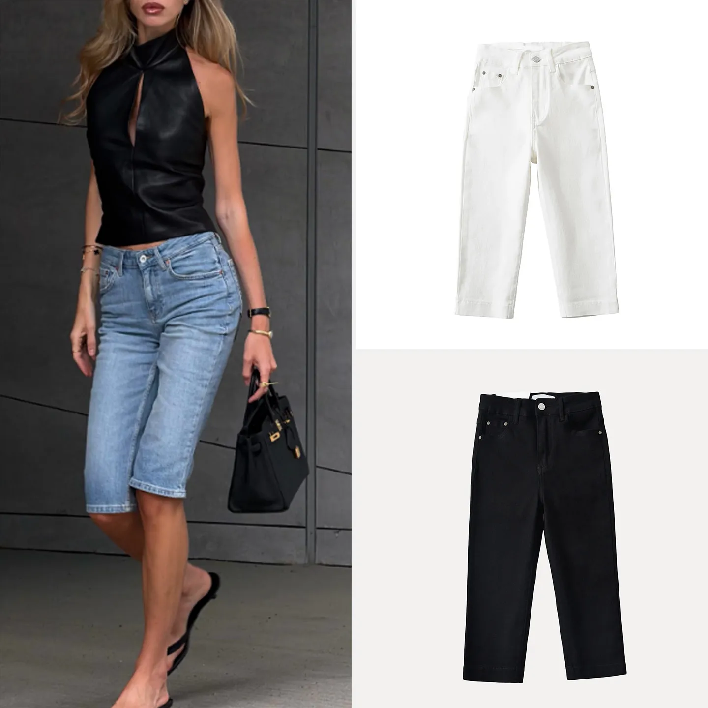 Slimming Capri Pants Denim Elastic Fitting Summer Wear Ladies Jeans Standard Waist Button Closure Natural Waist Fit