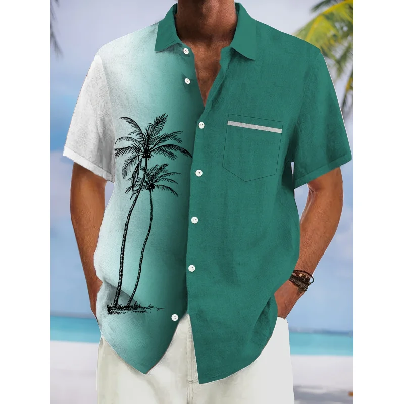 Vintage Hawaiian Coconut Tree Gradient Print Men's Button Pocket Shirt
