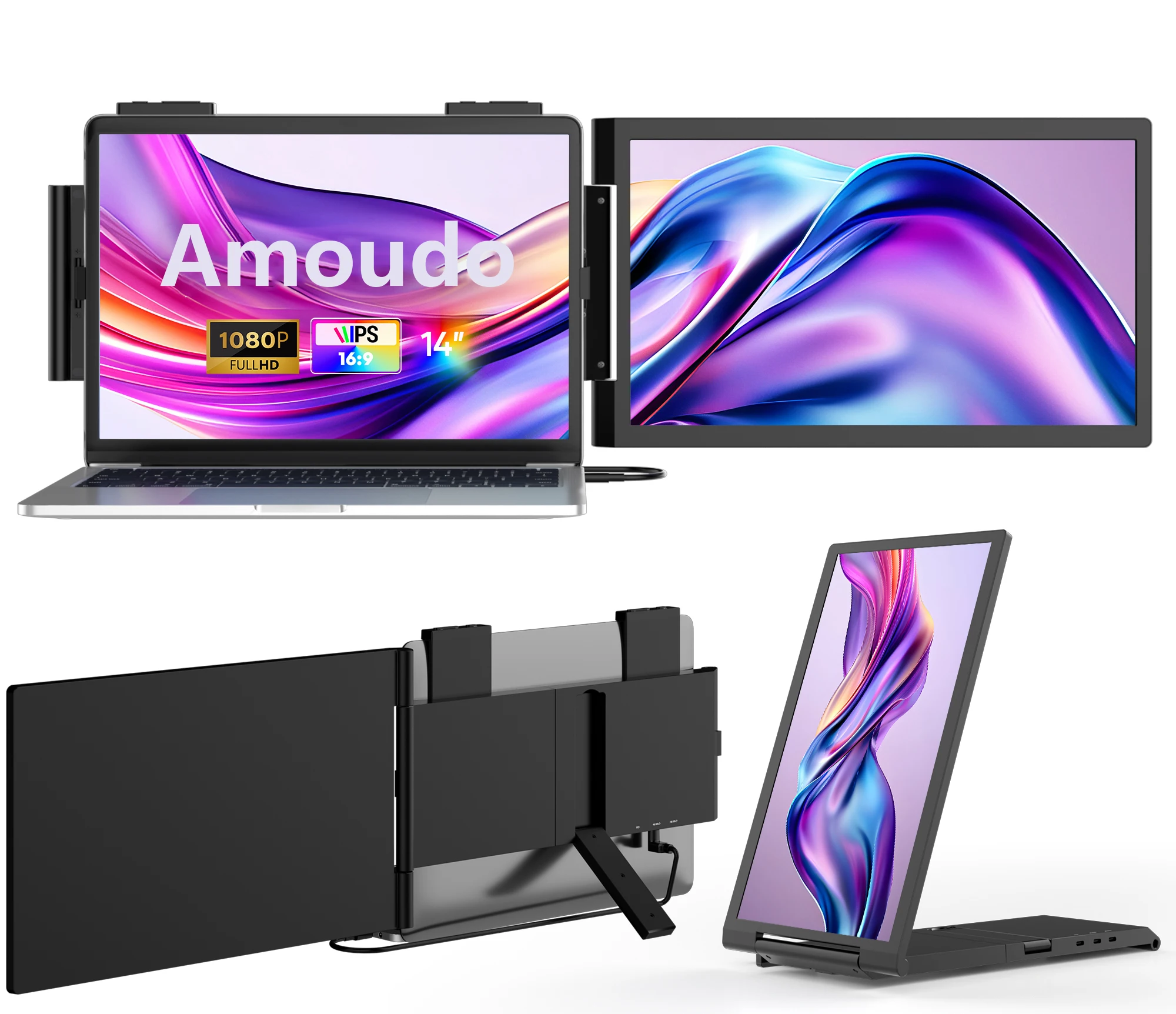 موسع شاشة الكمبيوتر المحمول Amoudo، موسع شاشة الكمبيوتر المحمول 14 بوصة FHD 1080P IPS، شاشة محمولة لأجهزة الكمبيوتر المحمولة 14 بوصة - 16 بوصة مع USB-C/HDMI