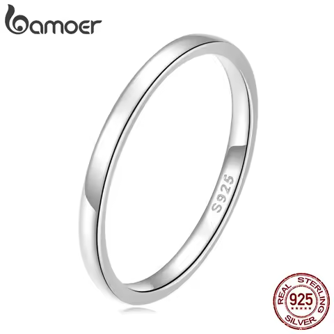 Bamoer 925 Sterling Silver Glossy Simple Ring for Women Teens Minimalist Jewelry High Polished Eternity Band Ring Gift 0.18cm