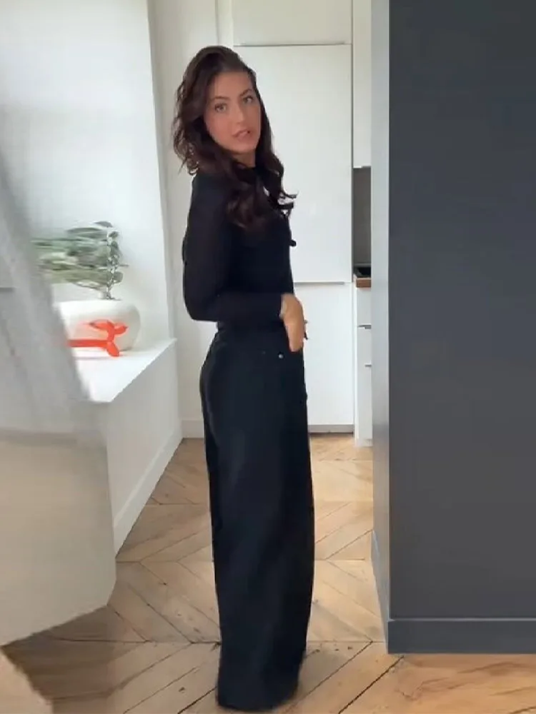 女性&男性 ミッドウエスト ブラック ジーンズ ファッション 折りたたみウエストバンド ワイドレッグ デニムパンツ ヴィンテージ ダーク カジュアル ハイストリート デイリーパンツ