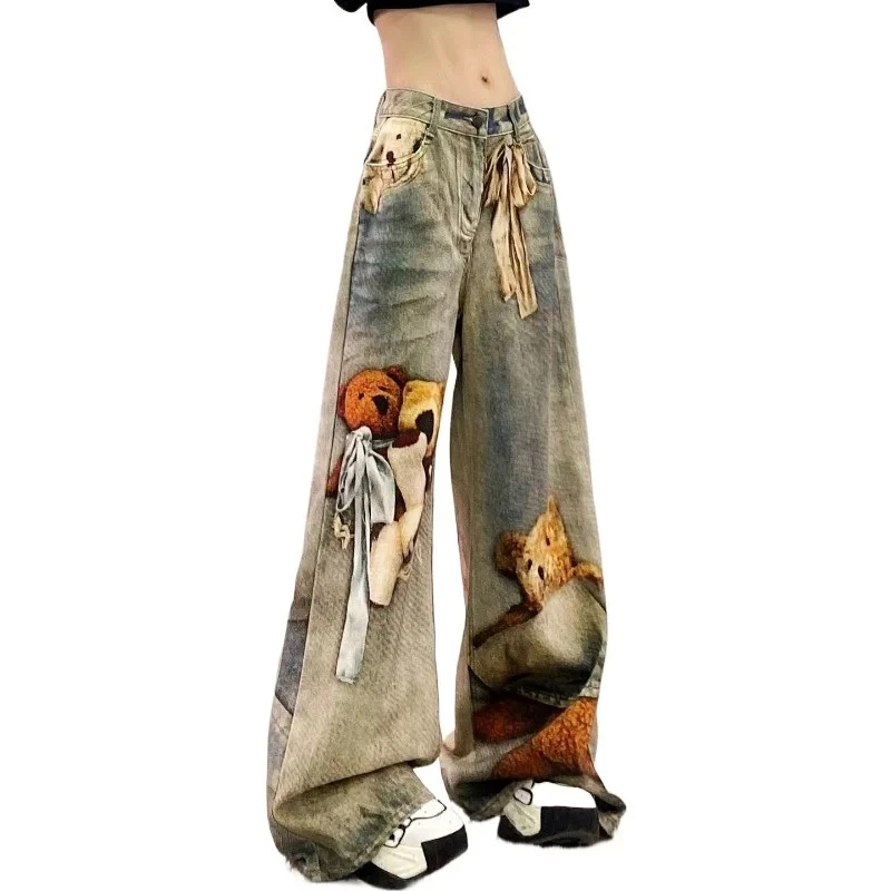 Fat Mm Small 2026 Spring and Autumn New Retro Bear Pattern Printing Cartoon Graffiti Women Mopping Jeans Age Reduction Trousers