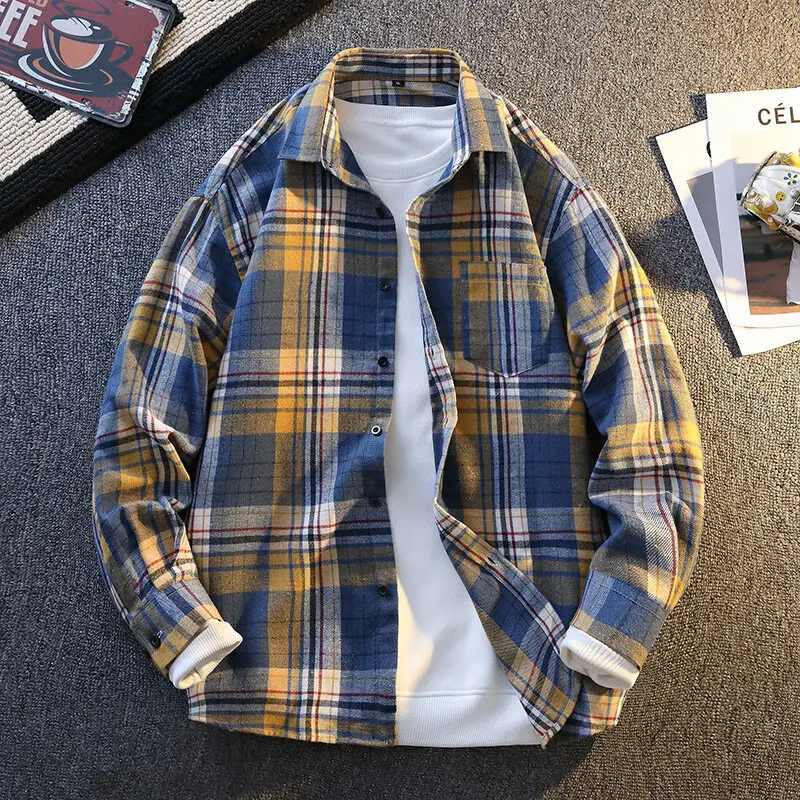 

Men's Collar Checkered Flannel Long-Sleeved New Shirt Spring and Fall Men's Turtleneck Pocket Trend Casual Top