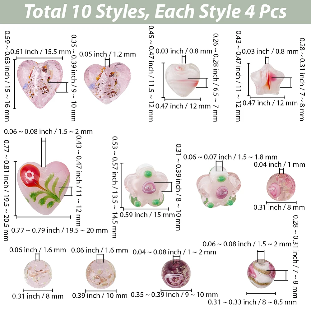 40pcs 10 Styles Pink Lampwork Beads Heart Star Flower Round Handmade Millefiori Glass Opaque Floral Loose Spacer Bead Charm Bulk