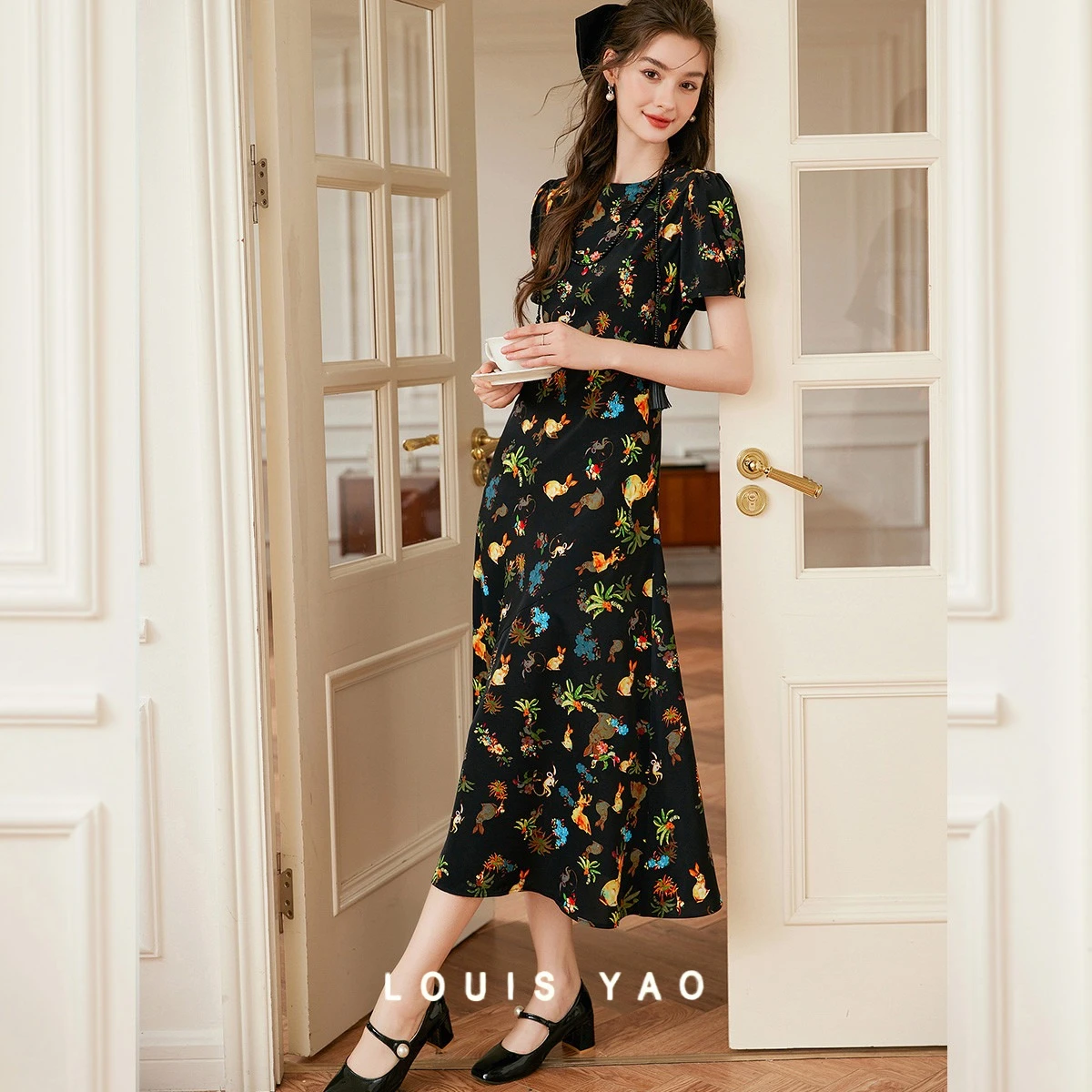 

LOUIS YAO Fashion Sweetheart Long Dress 2025 Summer Round Neck Print Draped Flower Umbrella Hem Women's Dresses New
