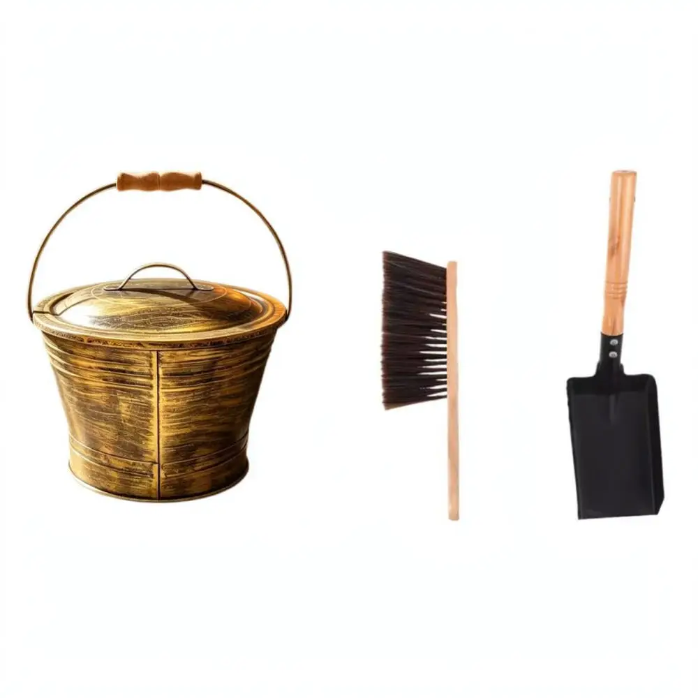 Iron Fireplace Cleaning Tool Set Ash Bucket Shovel Brush For Hearth Stove Maintenance Antique Bronze Utility Kit