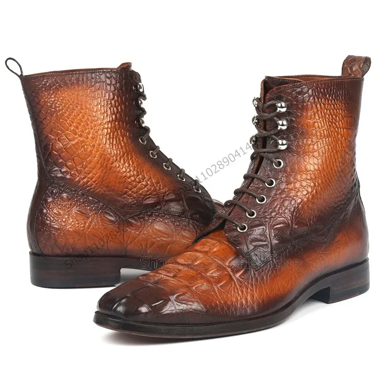 

Brown Gradient Color Crocodile Print Fretwork Boots Fashion Lace Up Men Shoes Luxurious Handmade Party Banquet Men Dress Shoes