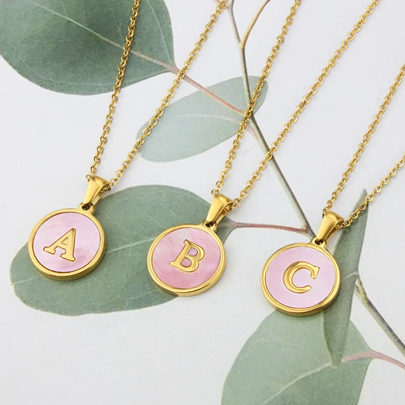 Pink Stainless Steel Initial Letter Necklace for Women Girls Trendy A-Z Alphabet Circle Pendant Inlaid Shell Necklaces Jewelry