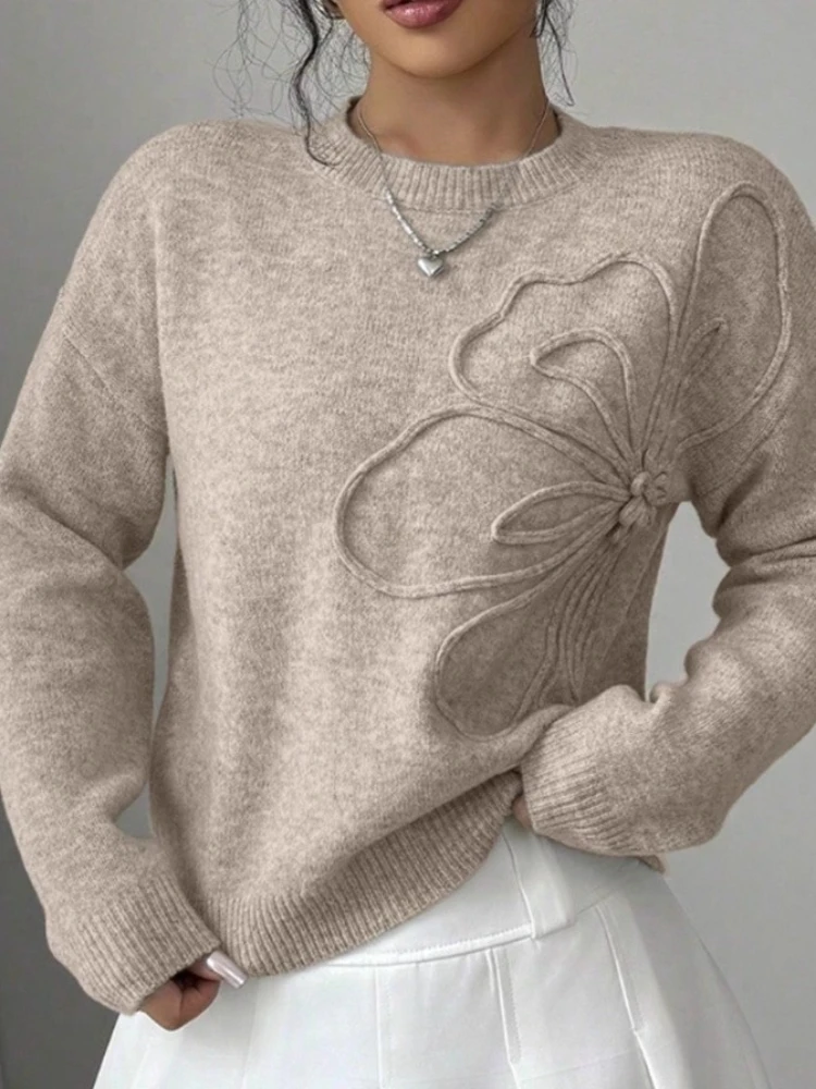 

New in Slimming Effect Knitted Pure Color Floral Print Women's Sweater Spring StyleCrew Neck Full Sleeve Fashionable Pullover