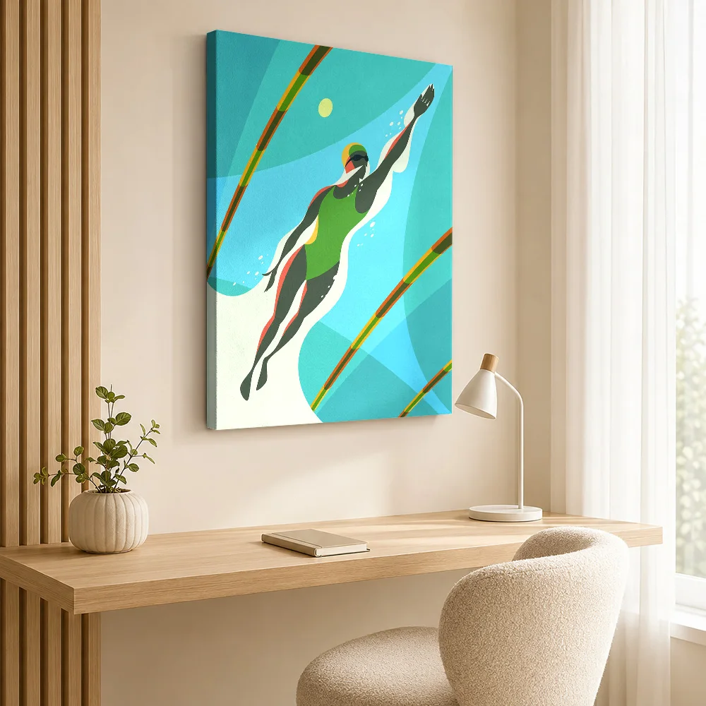 Swimmer in Green Swimsuit Canvas Painting Poster Custom Photo Sports Portrait Canvas Wall Art for Man Cave Decor Ready to Hang