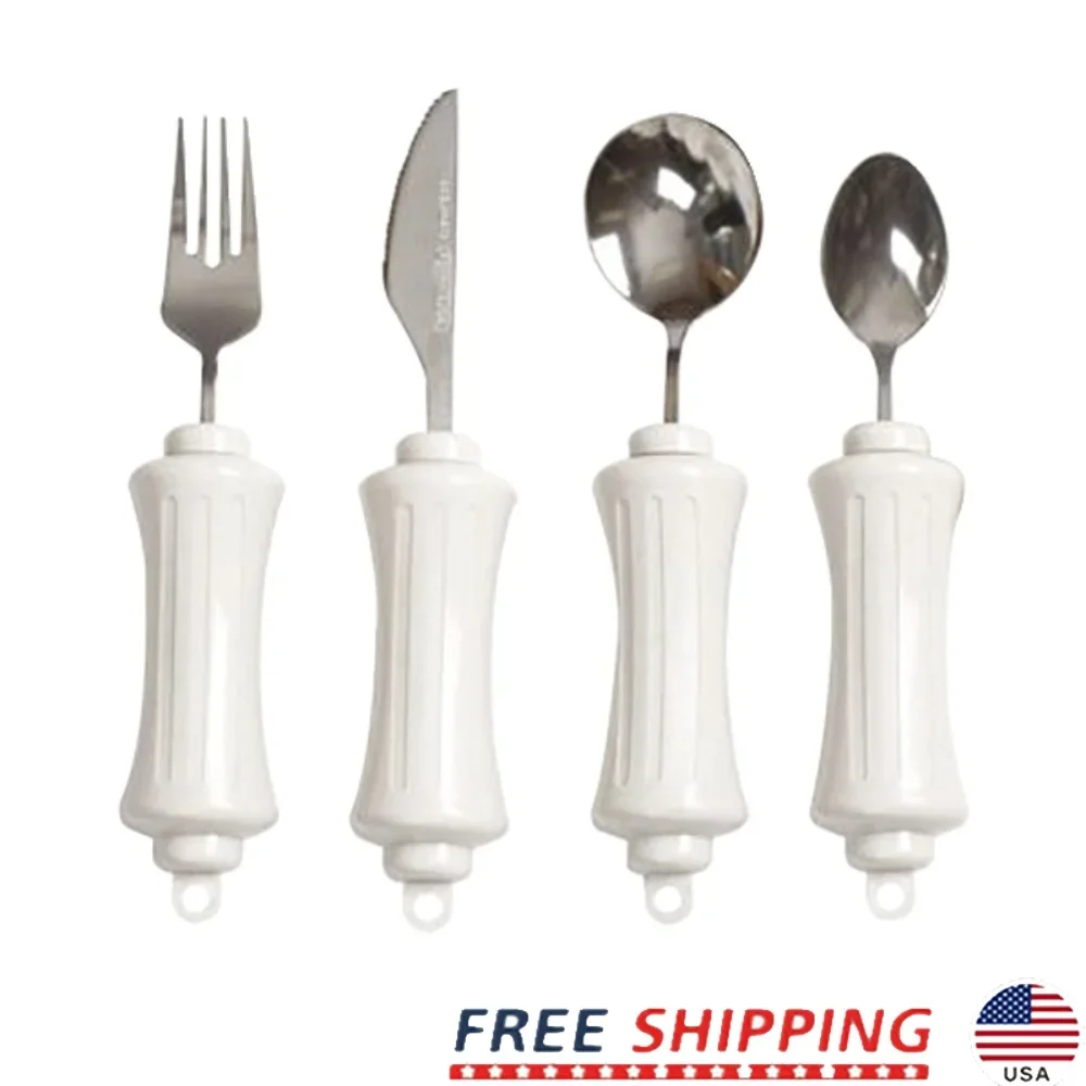 

Contoured Built-Up Handle Utensils Set Arthritis Weak Grasp Includes Spoon Fork Knife Easy Grip Stainless Steel Dishwasher Safe