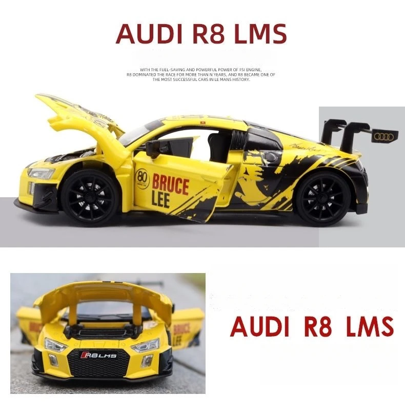Audi R8 Pull-Back-Auto im Maßstab 1:32, Legierung, Druckgussmodell, Trägheitsbetriebenes Spielzeug, Geschenk, leichter Soundeffekt, Weihnachtsgeschenk