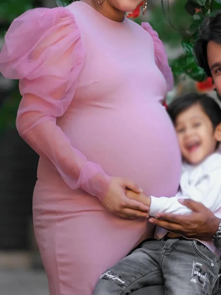 فستان الأمومة التقطت الصور بين الجنس تكشف ثوب أنيق طويل الأكمام Ruched الحمل صورة تبادل لاطلاق النار الزي استحمام الطفل التصوير الفوتوغرافي