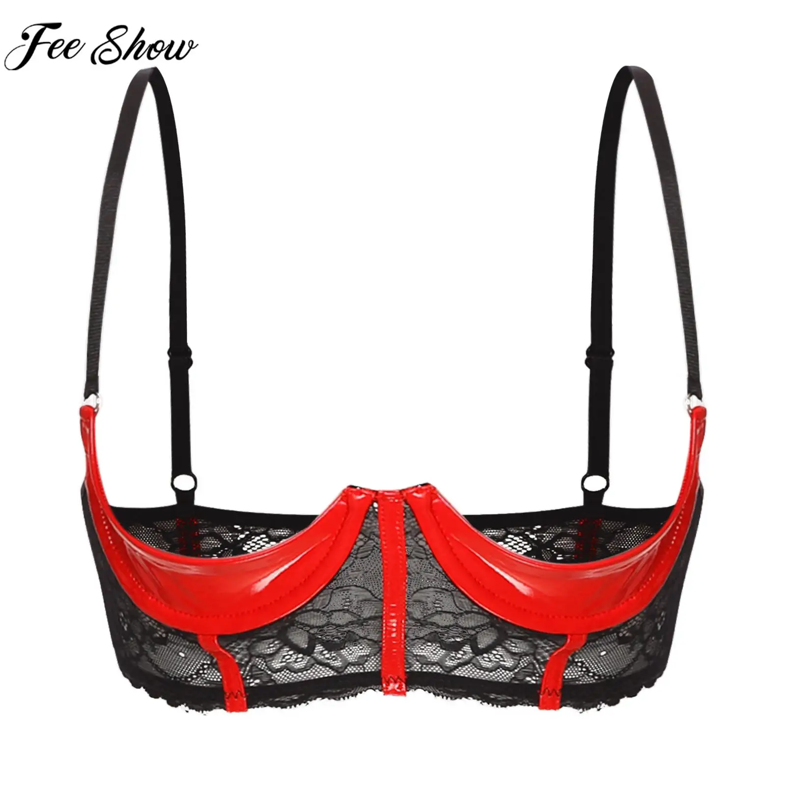 Womens Sexy Open Cup Underwired Bra Patent Leather See-through Floral Lace Brassiere Exposed Nipple Lingerie Underwear Nightwear