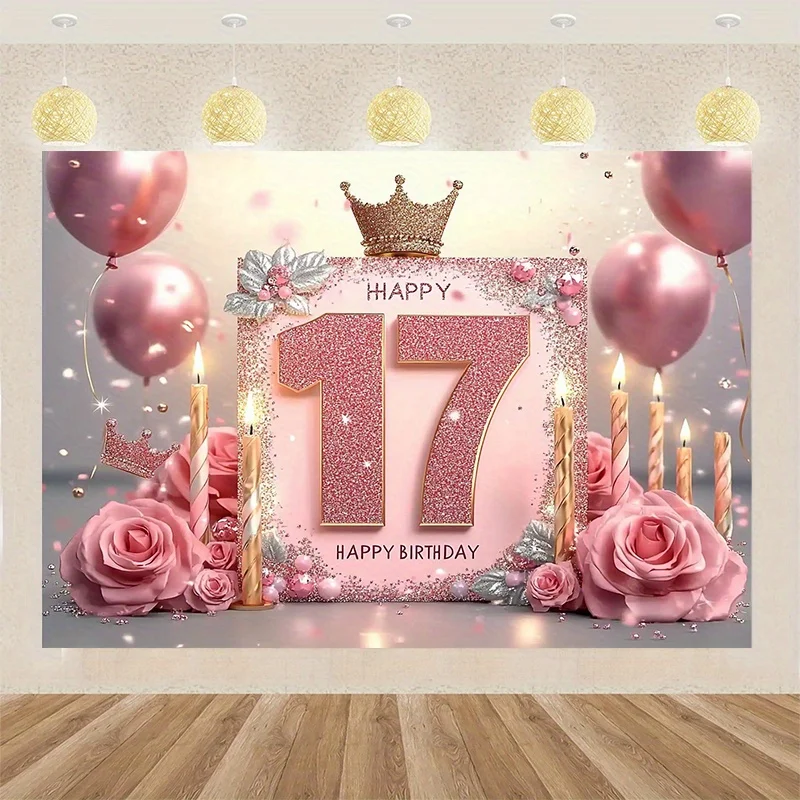 Party-Banner zum 17. Geburtstag – Das „Happy 17“-Design mit rosa und goldenen Blitzen, mit Luftballons, Rosen und Kerzen