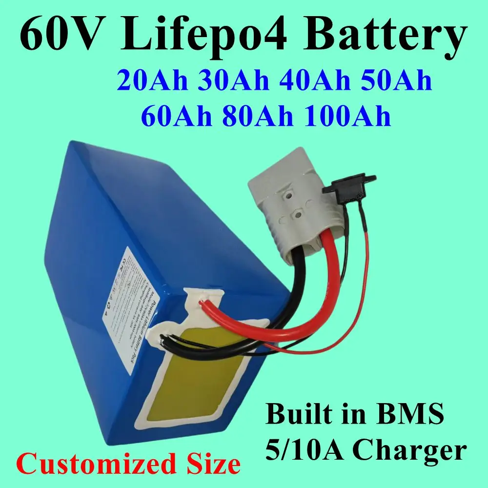 Deep cycle 60V 60ah 50ah 80ah 100ah 20ah 30ah 40ah Lithium Lifepo4 battery for 2KW 3KW 5KW Electric bicycles, tricycles, motor