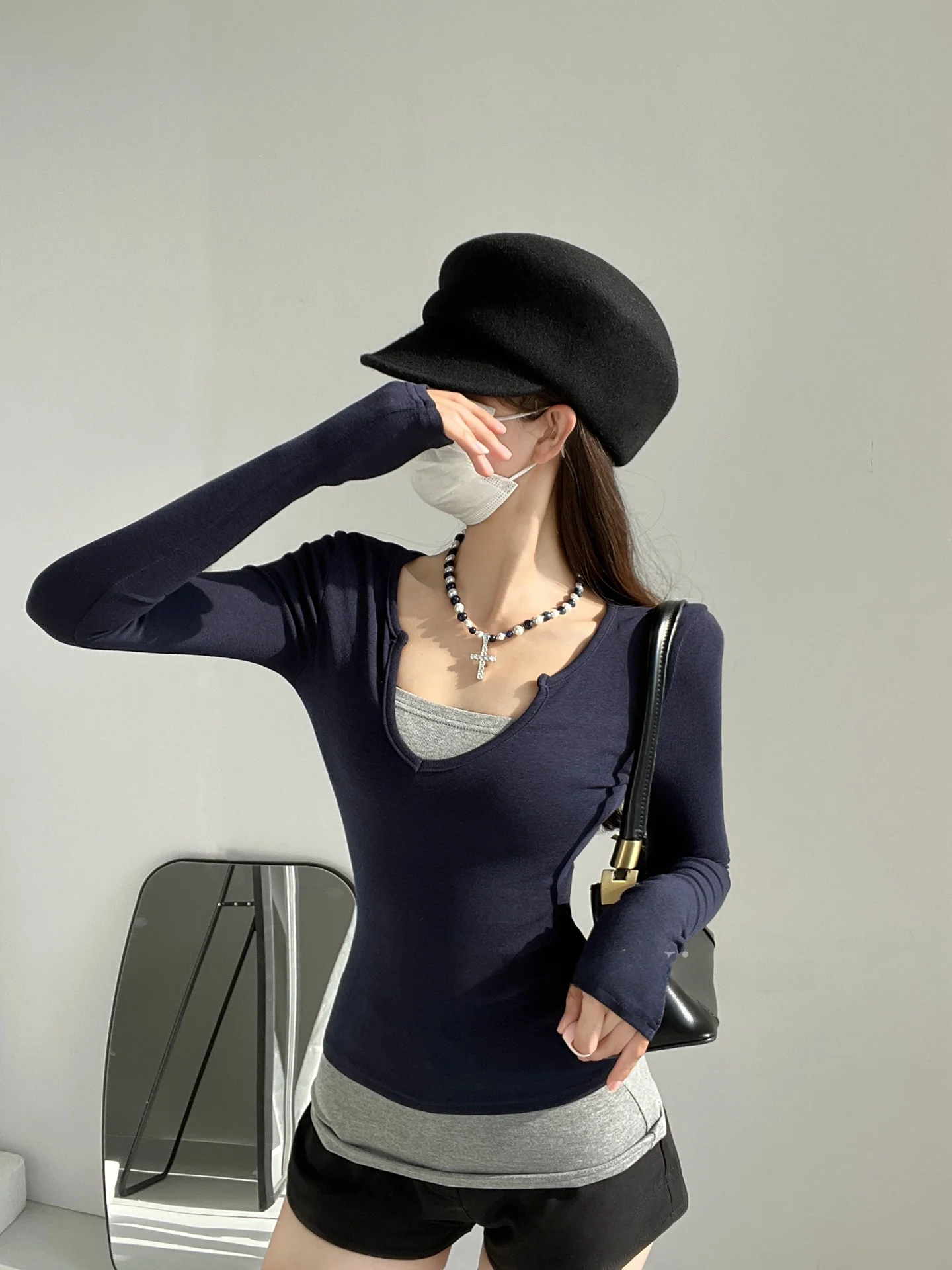 تأثير التخسيس الأمريكية الرجعية V-ne اللون بلو طويل Sve تي شيرت قاعدة irt عالية الخصر Ciwalk فتاة عادية Sle #5