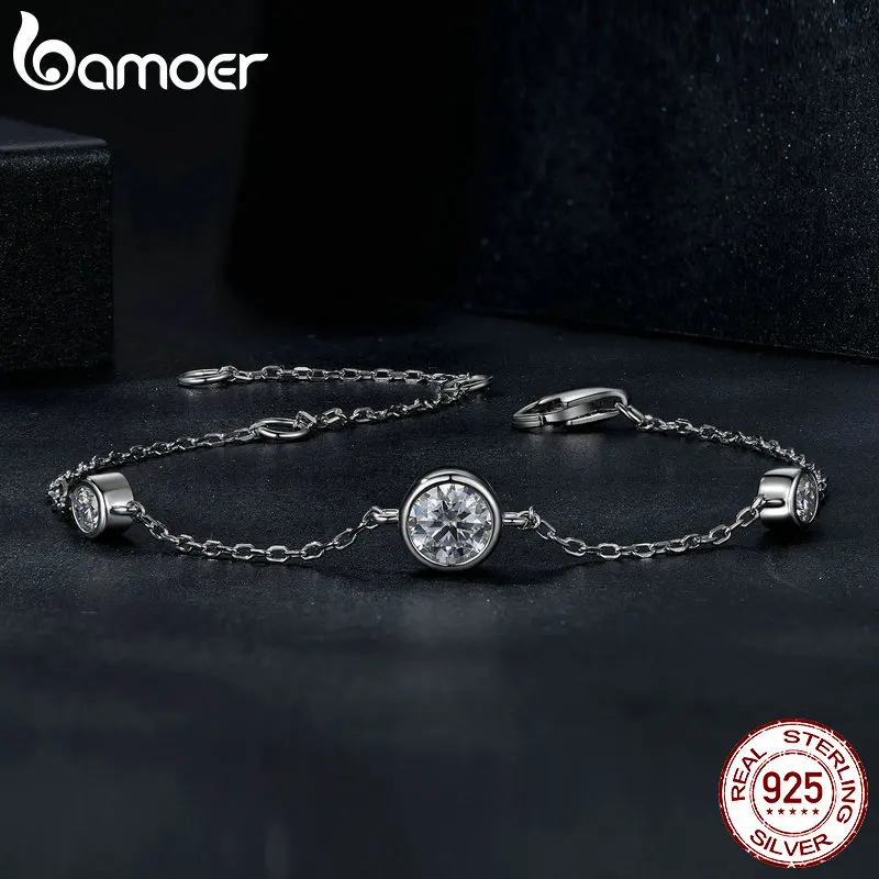 BAMOER 925 Sterling Silver Bezel Setting Starry Moissanite Chain Bracelet for Women Anniversary Jewelry Gift MSB018