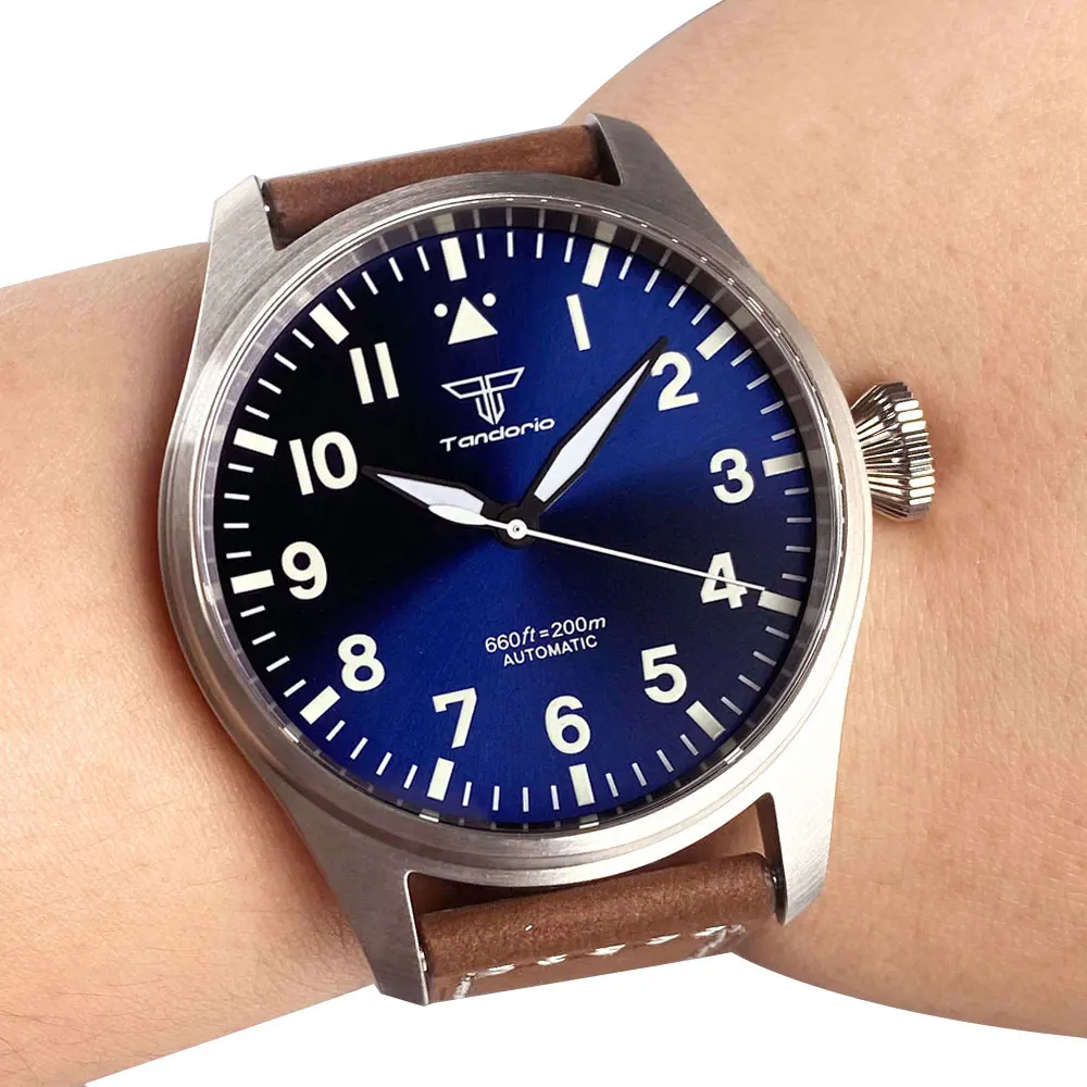 Luxus Tandorio 20ATM Diver Pilot 43mm NH35 PT5000 Automatikwerk Herrenuhr Saphir Lume Grün Schwarz Blaues Zifferblatt Glasrückseite 7