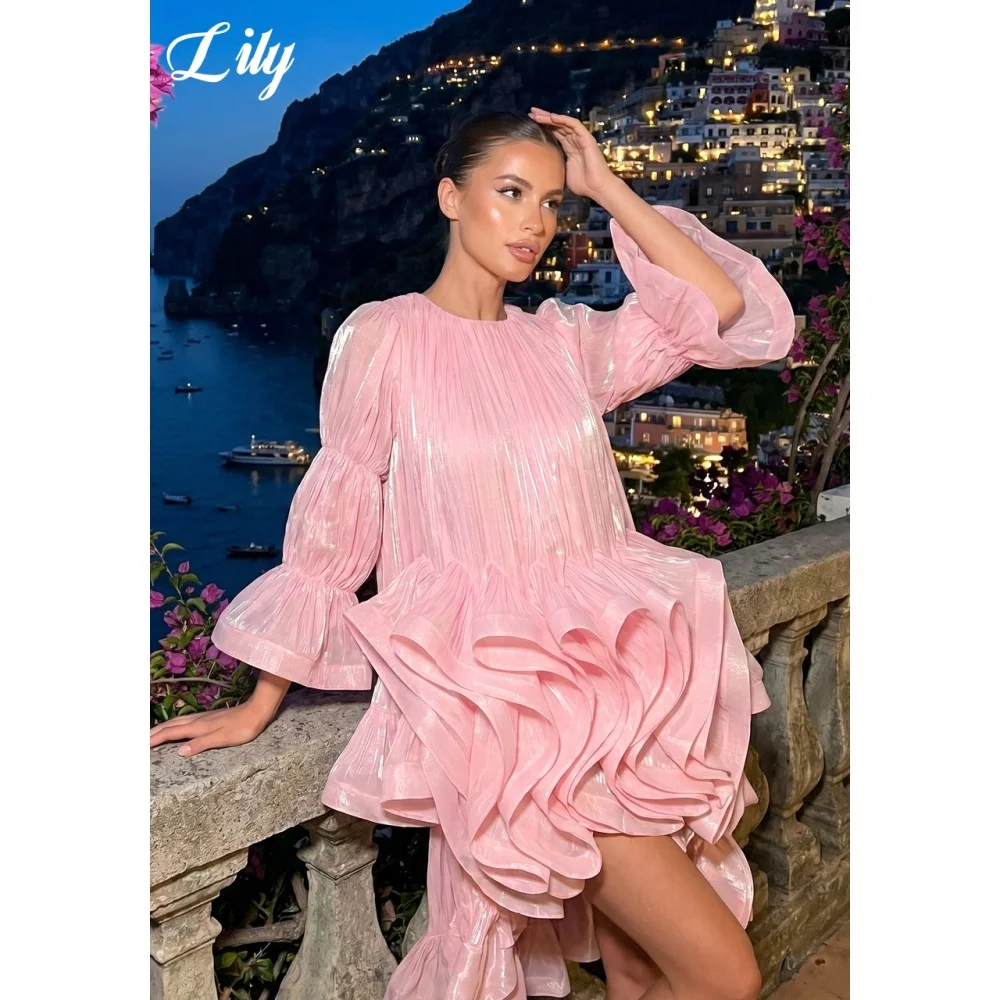 Lily Pink Shimmer Prom Dress Long Sleeve Ruffle Evening Dress Loose Fit Short Party Dress Chic & Unconventional Gown Customized image 3