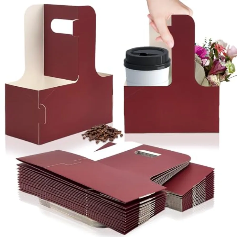 2 Cup Drink Carrier for Delivery with Handle, 30 Count Red Paperboard Cup Holder, Cup Carriers for Hot or Cold Drinks, Coffee C