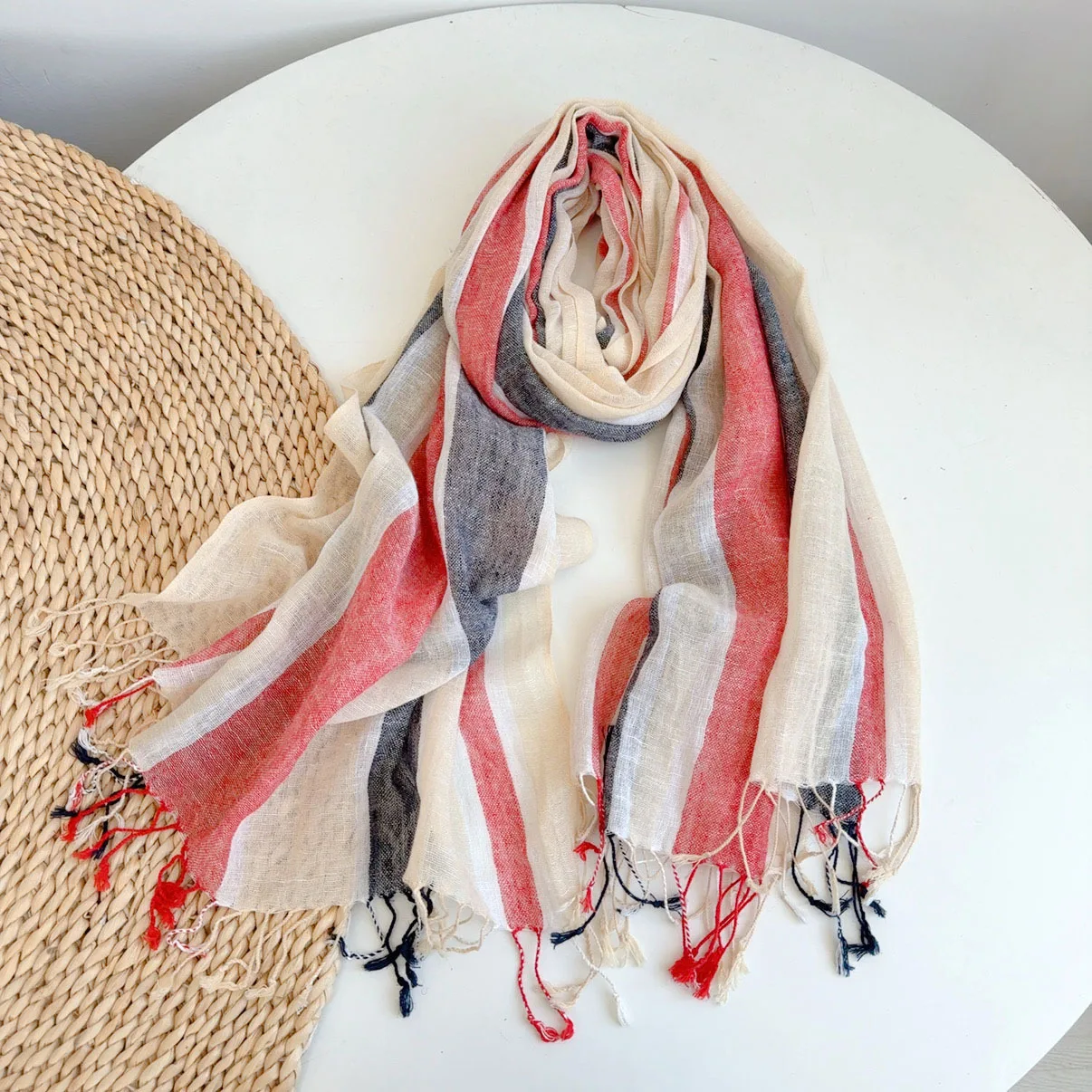 

Spring and Autumn Wide Striped Casual Versatile Cotton Hemp Blended Thin Scarf