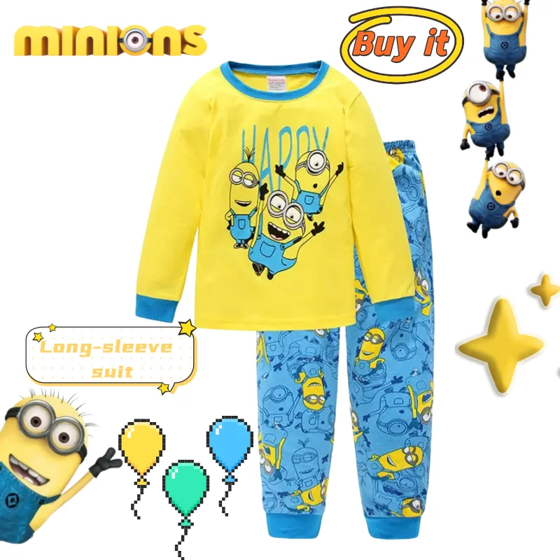 

New Despicable Me Minions Animation Merchandise Cute Boys and Girls T-Shirt Long Sleeve Pure Cotton Pajama Set Homewear Gift