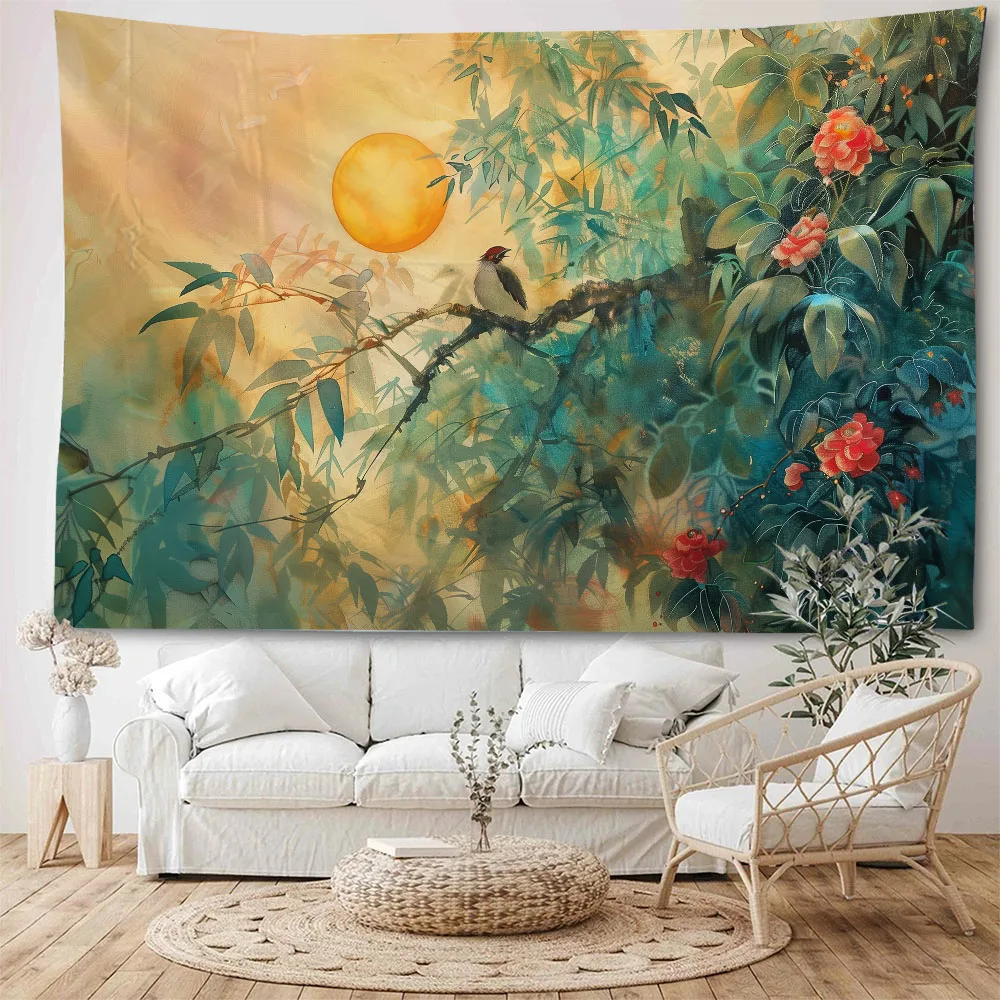 

Bird Tapestry on Branches Wall Hanging Jungle Flower Eagle Background Cloth Retro Oil Painting Interior Decoration Poster
