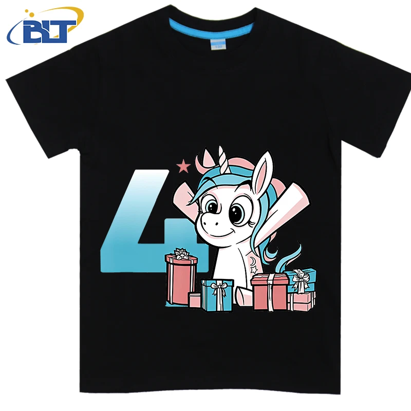 Cute Unicorn Fourth Birthday printed kids T-shirt, summer cotton short-sleeved casual top, suitable for both boys and girls