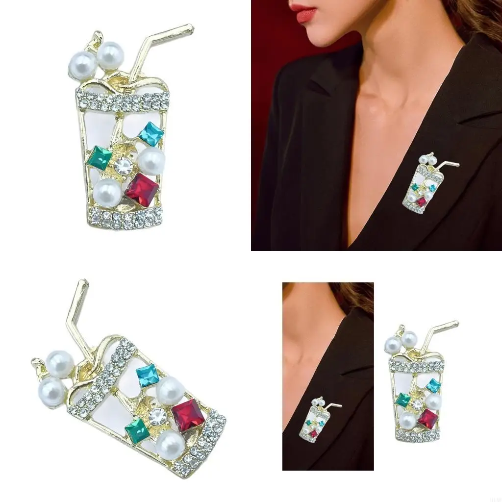 91AF Creative Zircon Rhinestones Juice Beverage Cup Pin Brooch For Women Girls Trendy Clothing Casual Banquet Accessories