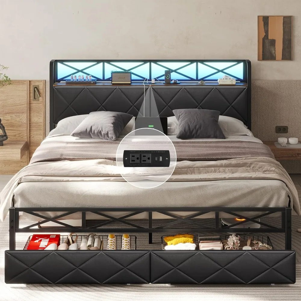 California King Bed Frame with Hidden Storage and 2 Drawers Metal Cal King Size Platform Bed