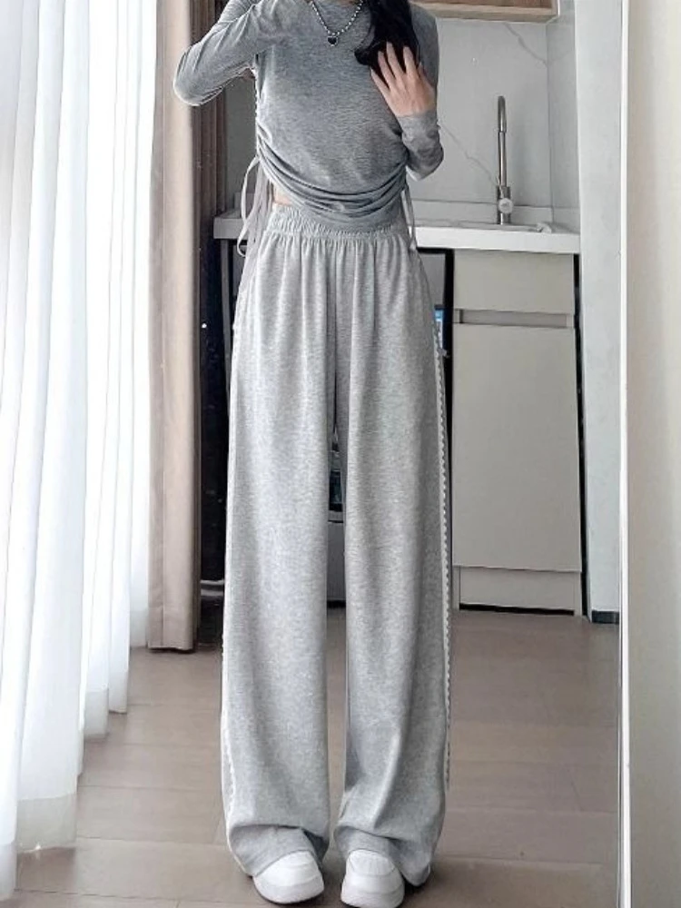 Womens Gray Lace Trim Sport Pants 2026 Fall Spring Wide Leg Straight Sweatpants Casual American Retro Jogger Streetwear Chic