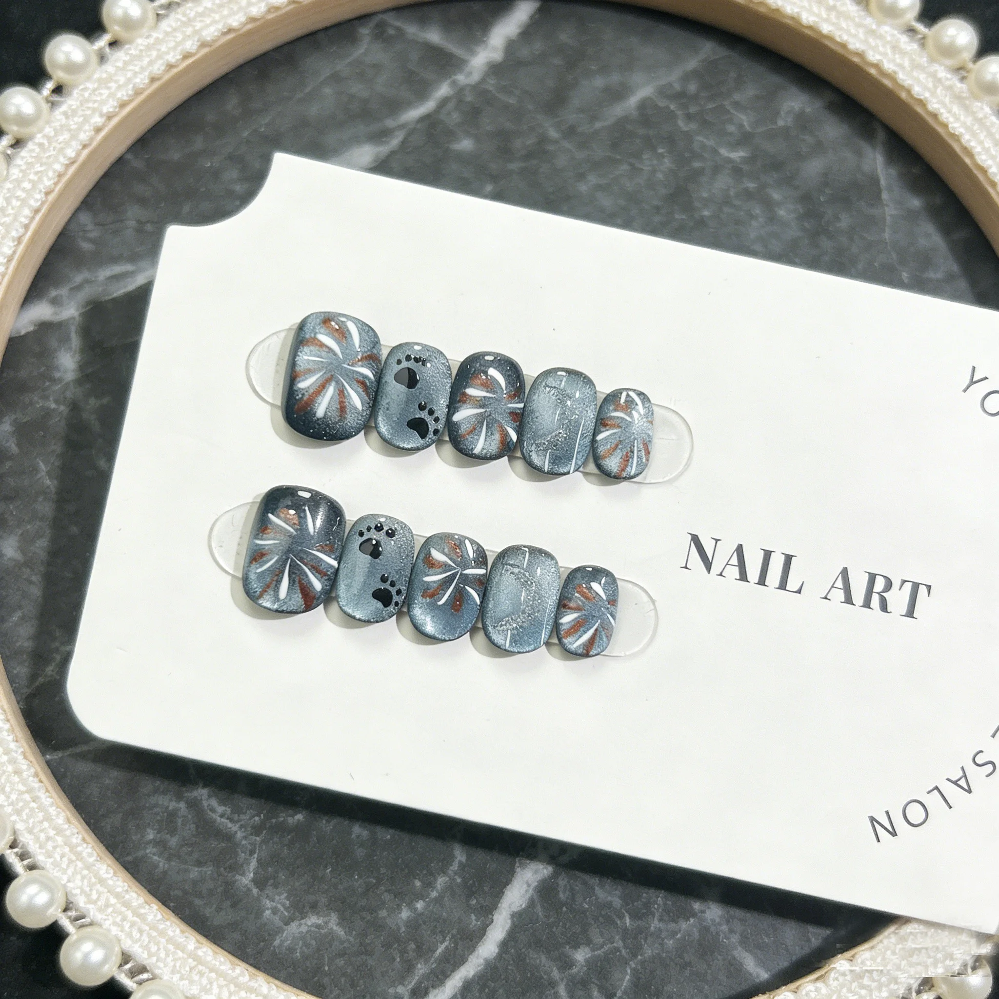 

10pcs Star Sparkle Cat Eye Handmade Nails Gray-Blue Fine Glitter Lines Press on Nail Short Square & Round False Nail for Women