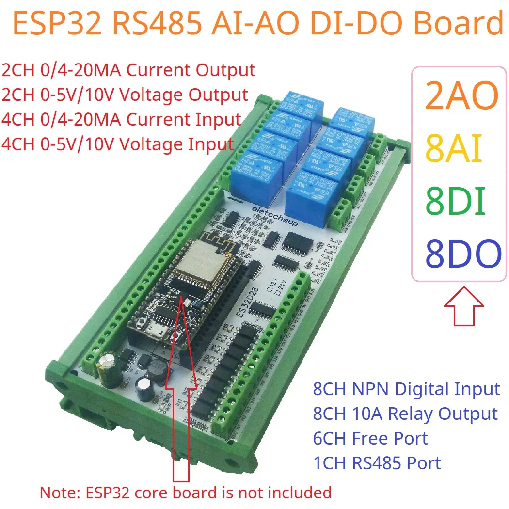 ESP32 IO Module 4-20mA 0-10V 2AO 8AI 8DI 8DO Relay Control Board for Simple PLC Smart Switch