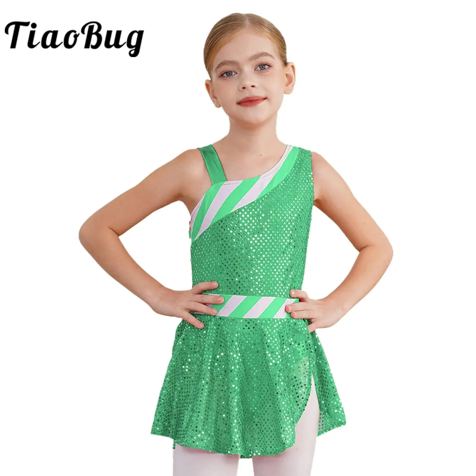 Girls Christmas Dress Xmas Santa Costume New Year Gift Dance Leotard Sleeveless Shiny Sequins Party Dress Holiday Costumes