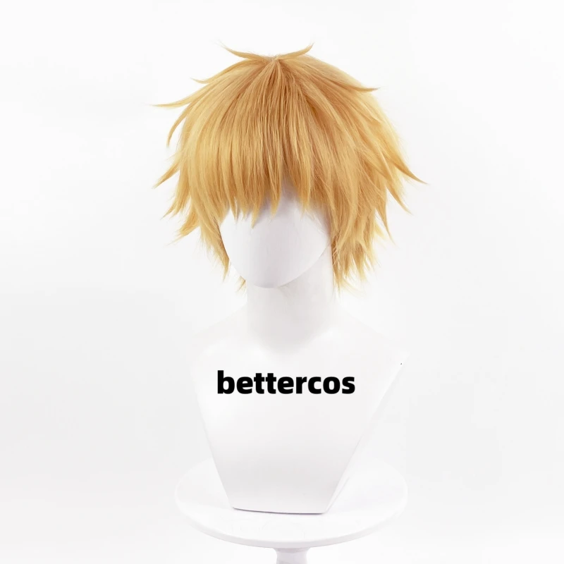 Peruca Curta Dourada Resistente ao Calor Denji Cosplay, Cabelo Sintético Resistente ao Calor, Perucas de Halloween Anime, Boné Peruca, Alta qualidade