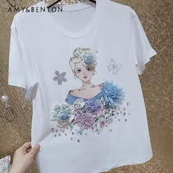 Korean Style Luxury Heavy Industry Beaded Purple Blue Bow Rhinestone Cartoon Flower Crystal Rhinestone Cotton T-shirt Pullovers